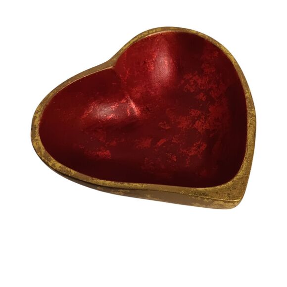Wood Heart Shaped Bowl Red With Gold Leaf Jewelry Trinket Dish 6" x 6" x 2.5" - Picture 3 of 14